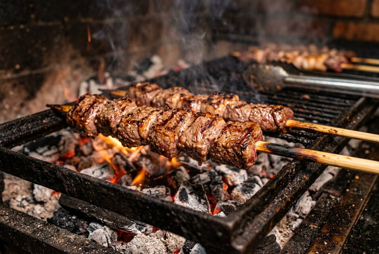Espetinho de carne bovina na brasa no Éder Espetos em Dourados