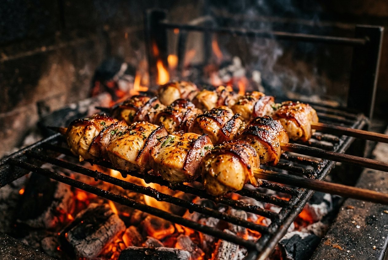 Espetinhos de filé de frango com bacon na churrasqueira