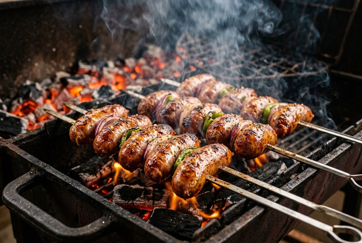Espetinho de linguiça assado na brasa no Éder Espetos