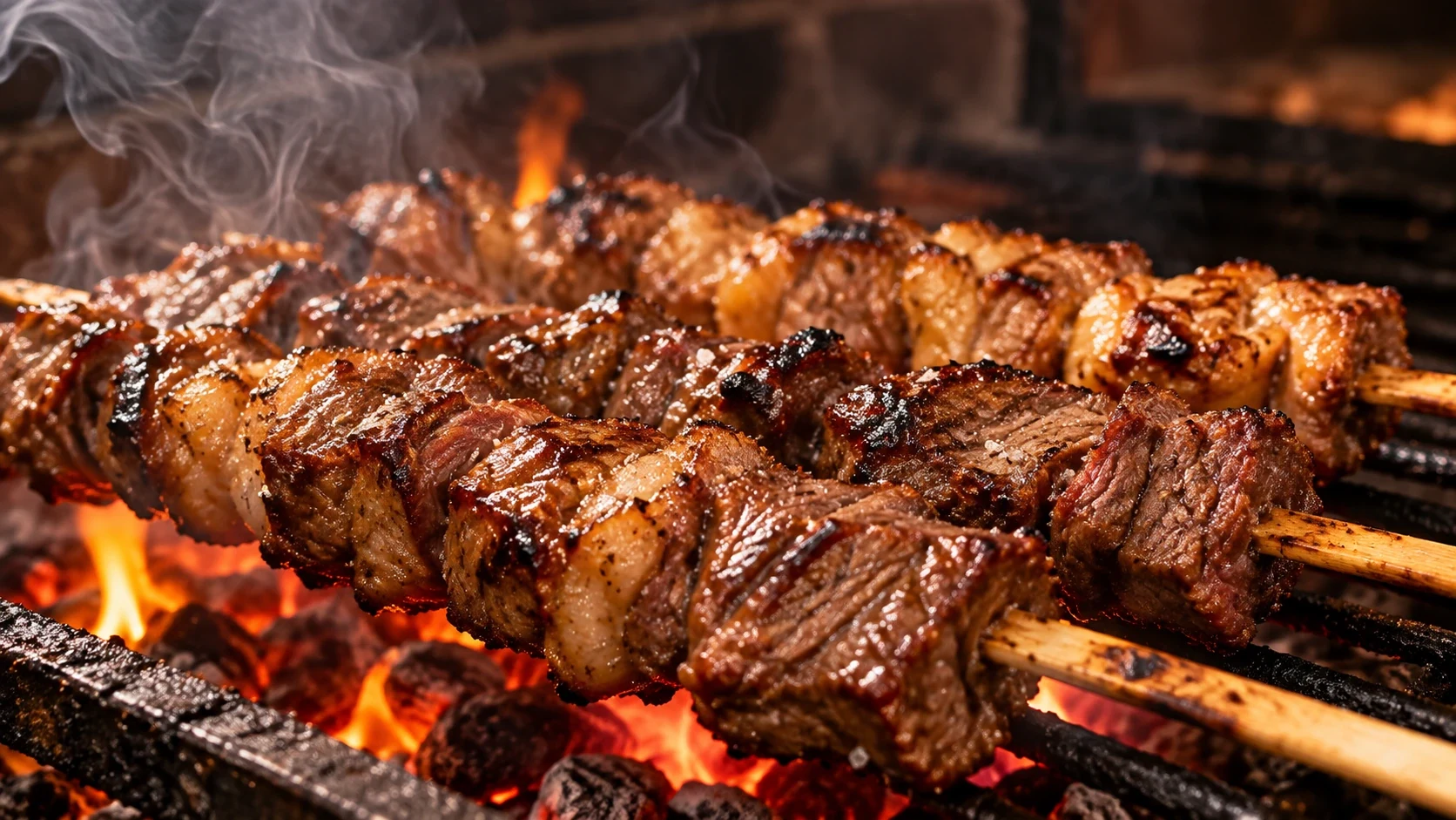 Espetinhos de carne assando na brasa no Éder Espetos